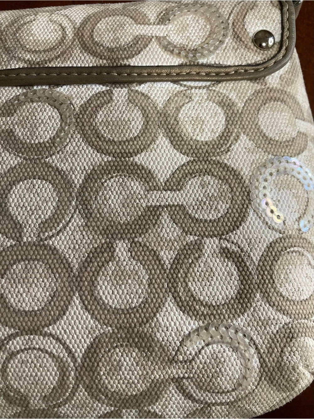 Coach Kristin Op Art Sequin Sling Pack Crossbody Bag #45088 Taupe Monogram EUC